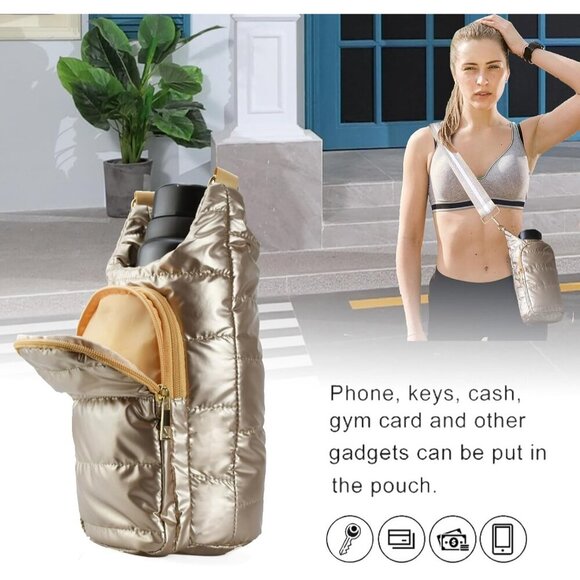 Puffer Water Bottle Holder Quilted Sports Pouch with Adjustable Strap - Picture 4 of 6